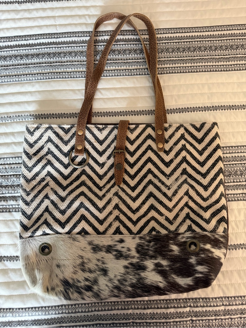 Myra Bag Black & Cream Chevron Tote with Brown Leather Straps and Haircalf Panel